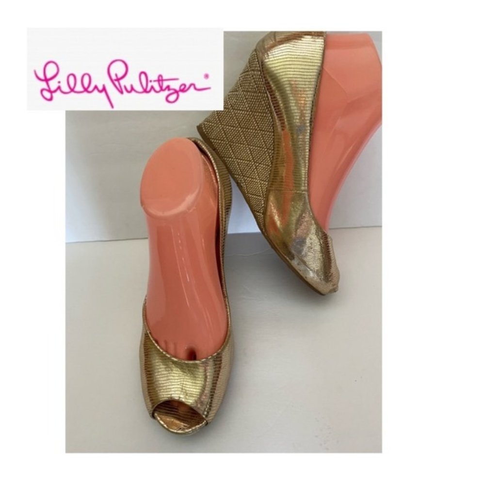 Lilly Pulitzer gold peep toe shoes size 8.5 EUC